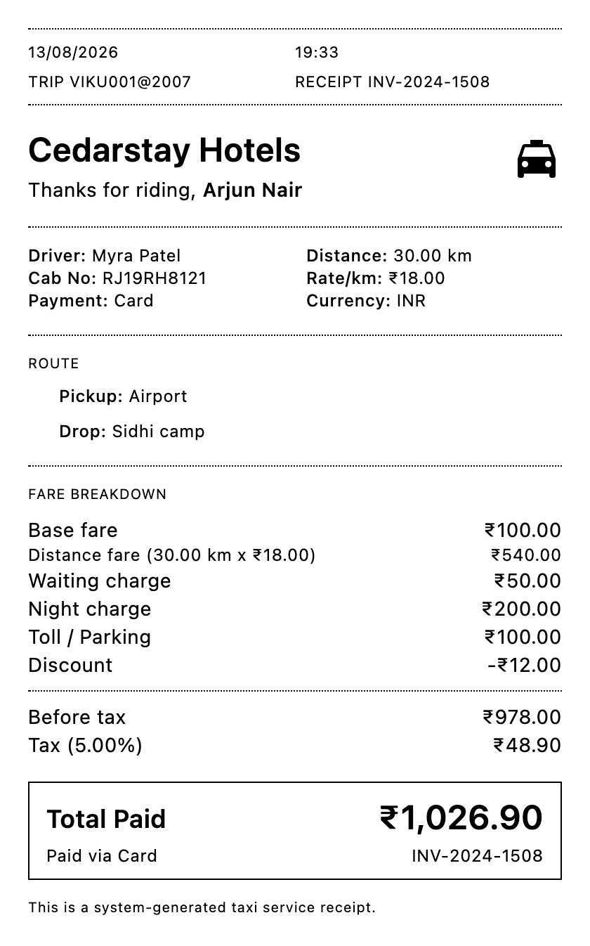 Best Cab Bill Generator - Taxi Bill & Ride Receipt PDF | Bill Generator