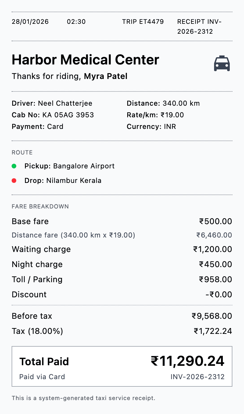 Cab Bill Sample 1 - Cab Bill Generator sample