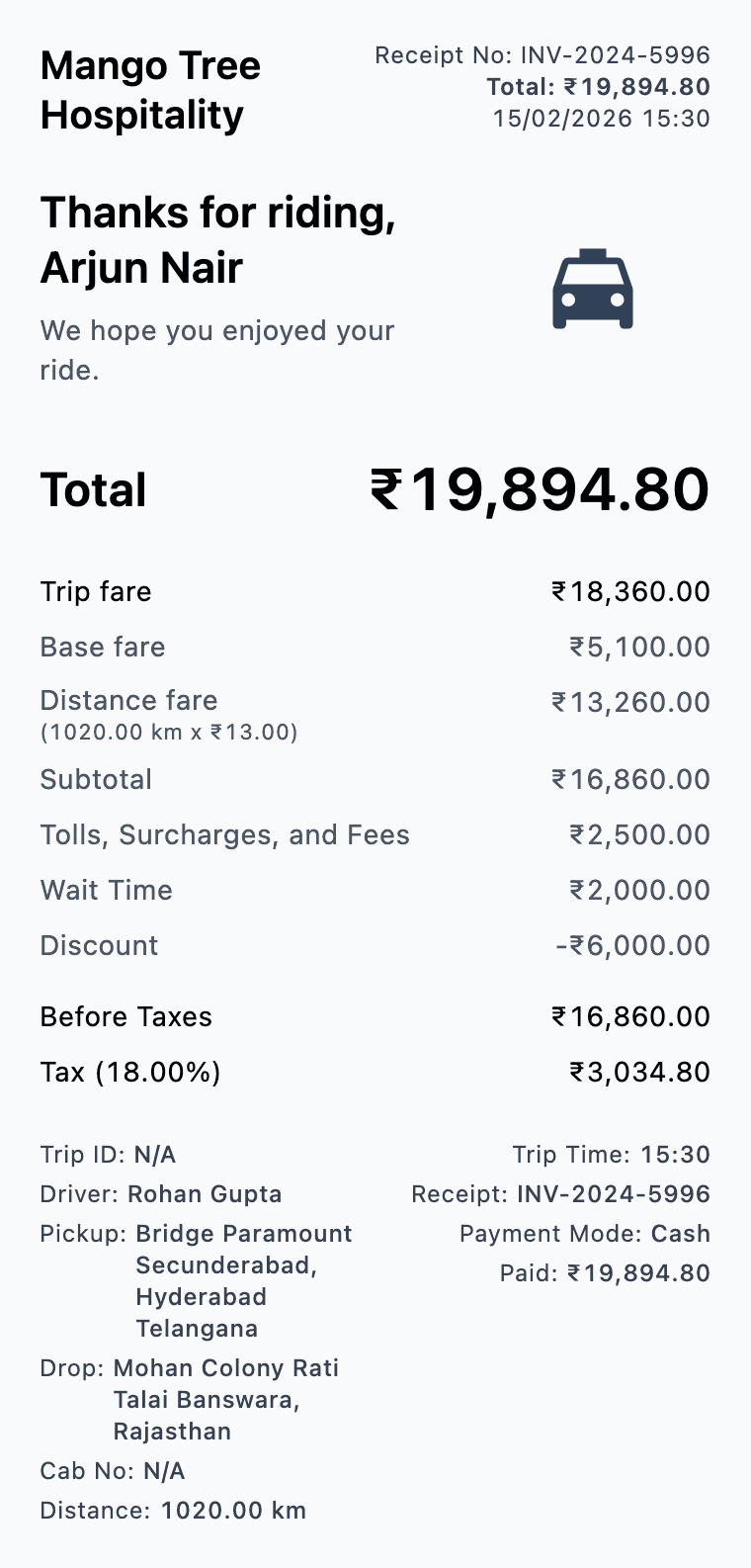 Cab Bill Sample 1 - Cab Bill Generator sample