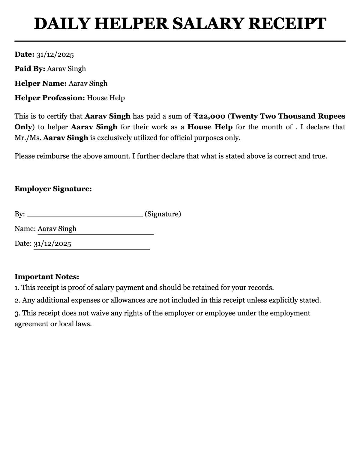 Daily Helper Bill Sample 1 - Daily Helper Bill Generator sample