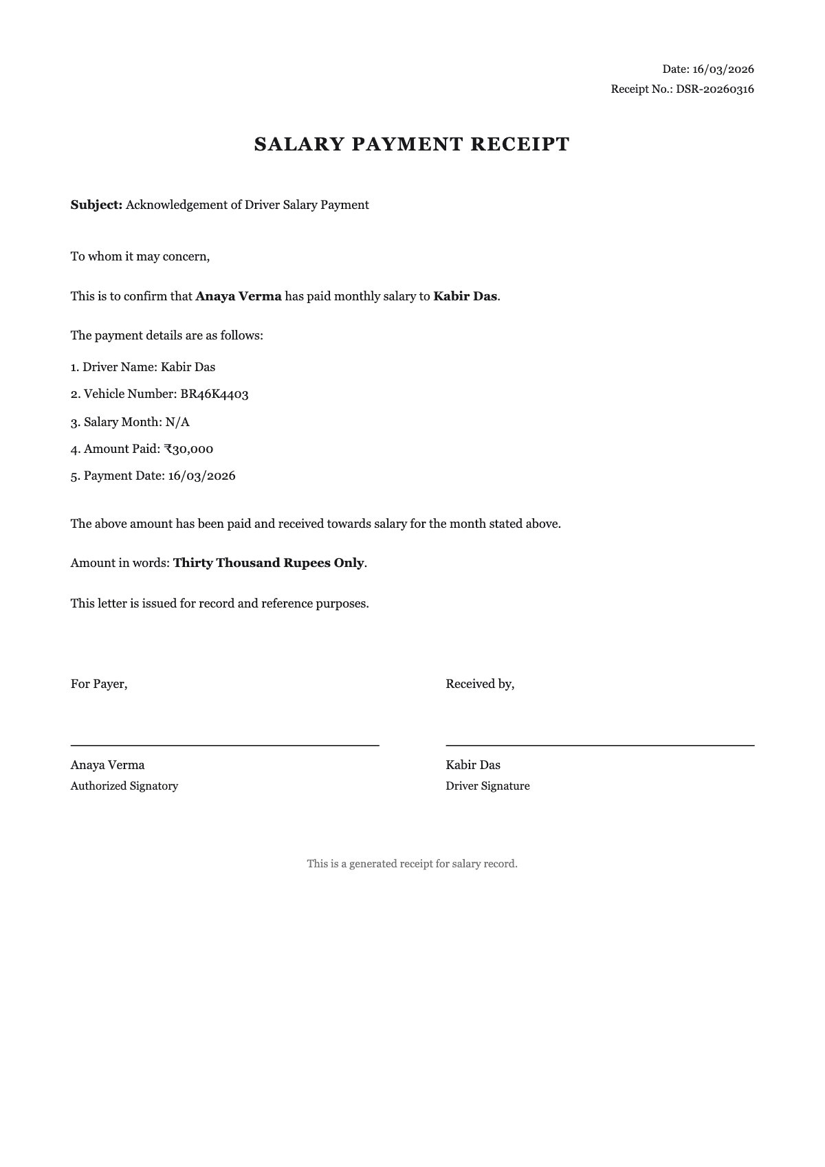 Driver Salary Sample 1 - Driver Salary Receipt Generator sample