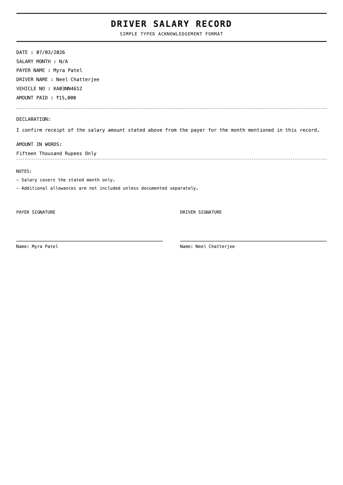 Driver Salary Sample 1 - Driver Salary Receipt Generator sample