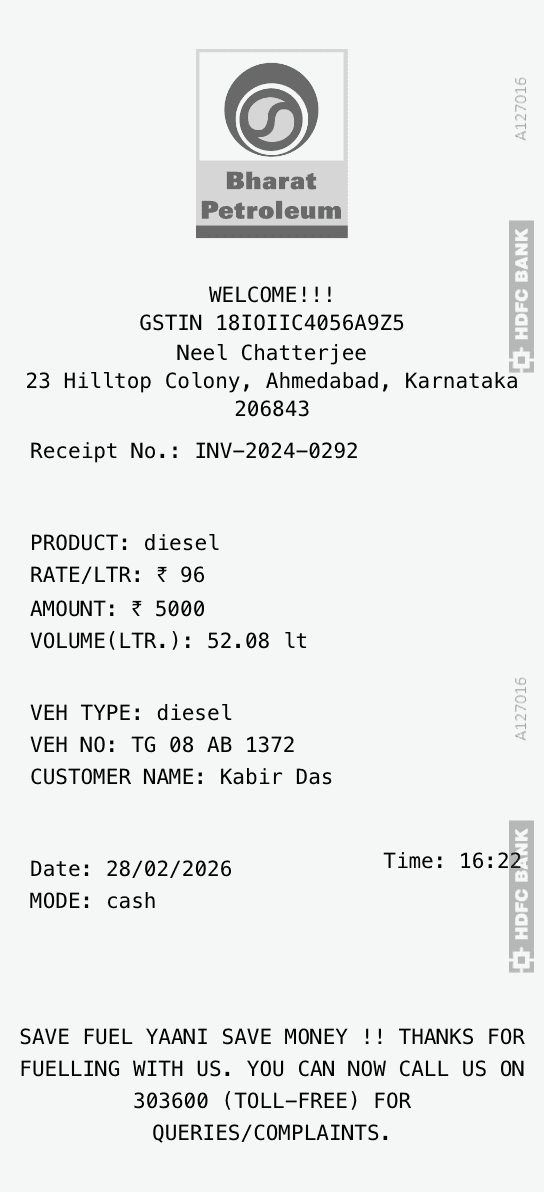 Fuel Sample 1 - Fuel Bill Generator sample