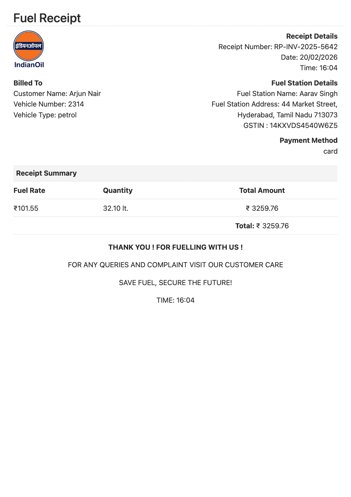 Fuel Sample 1 - Fuel Bill Generator sample