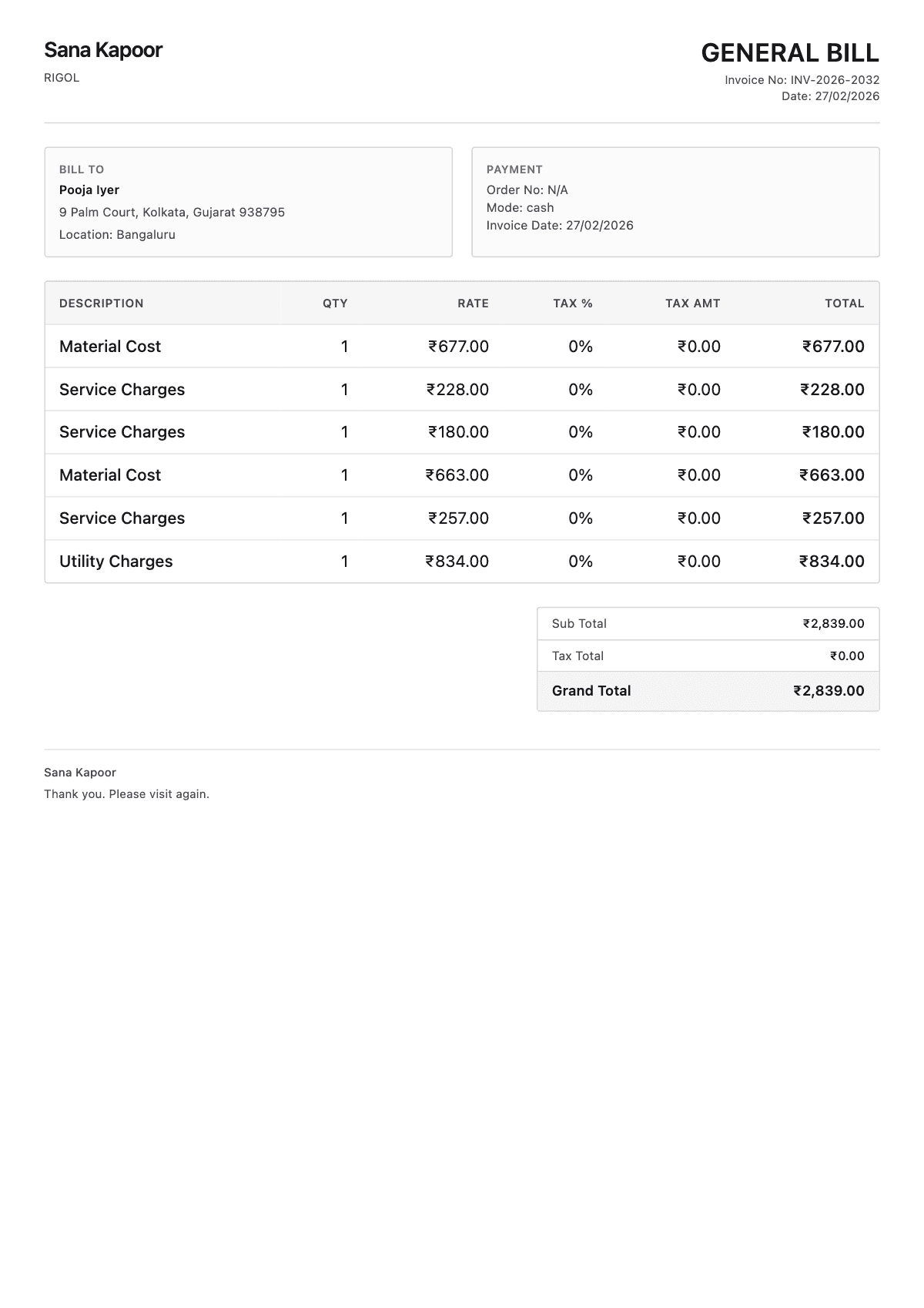 General Bill Sample 1 - General Bill Generator sample