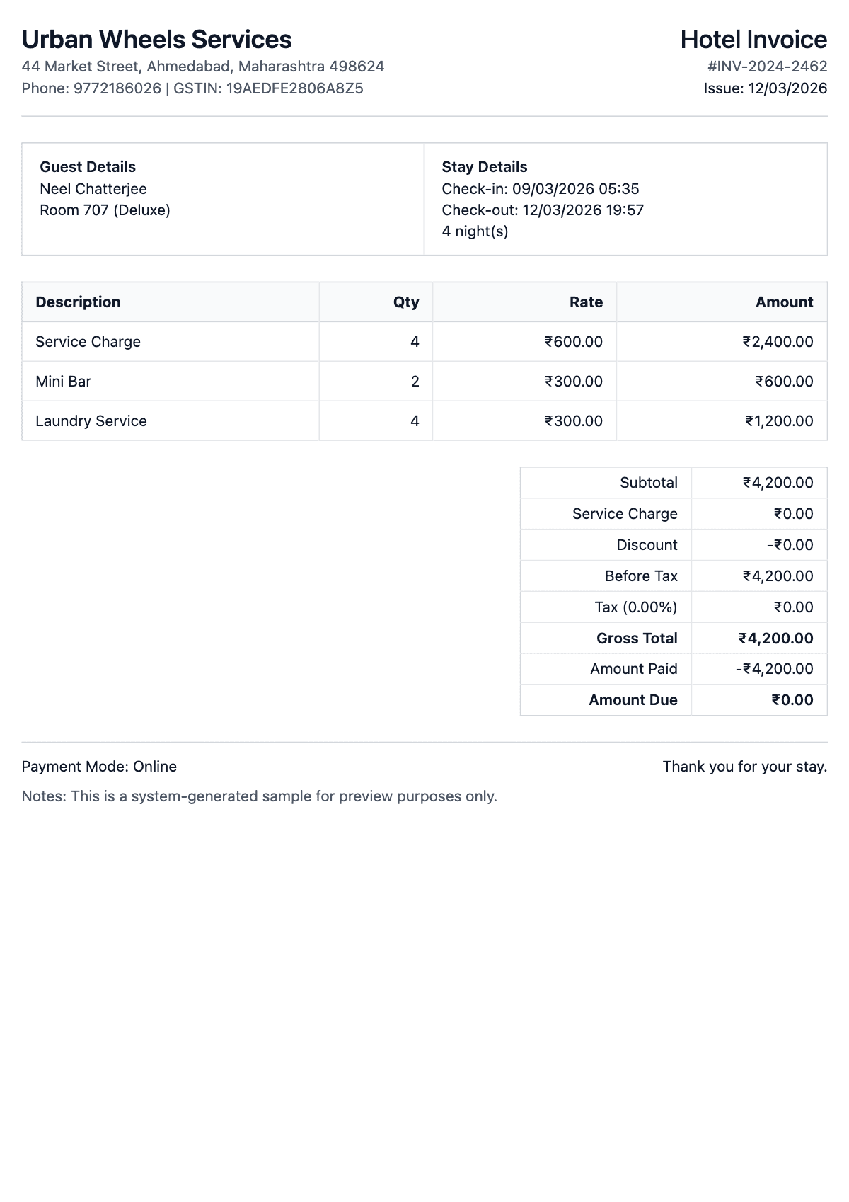 Hotel Bill Sample 1 - Hotel Bill Generator sample