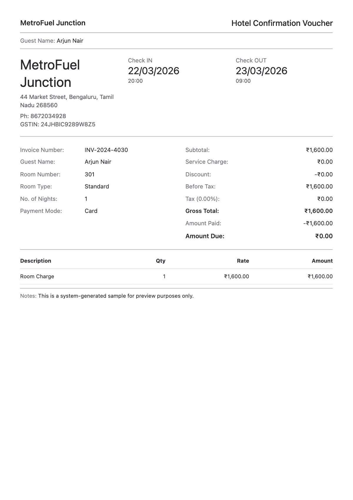 Hotel Bill Sample 1 - Hotel Bill Generator sample