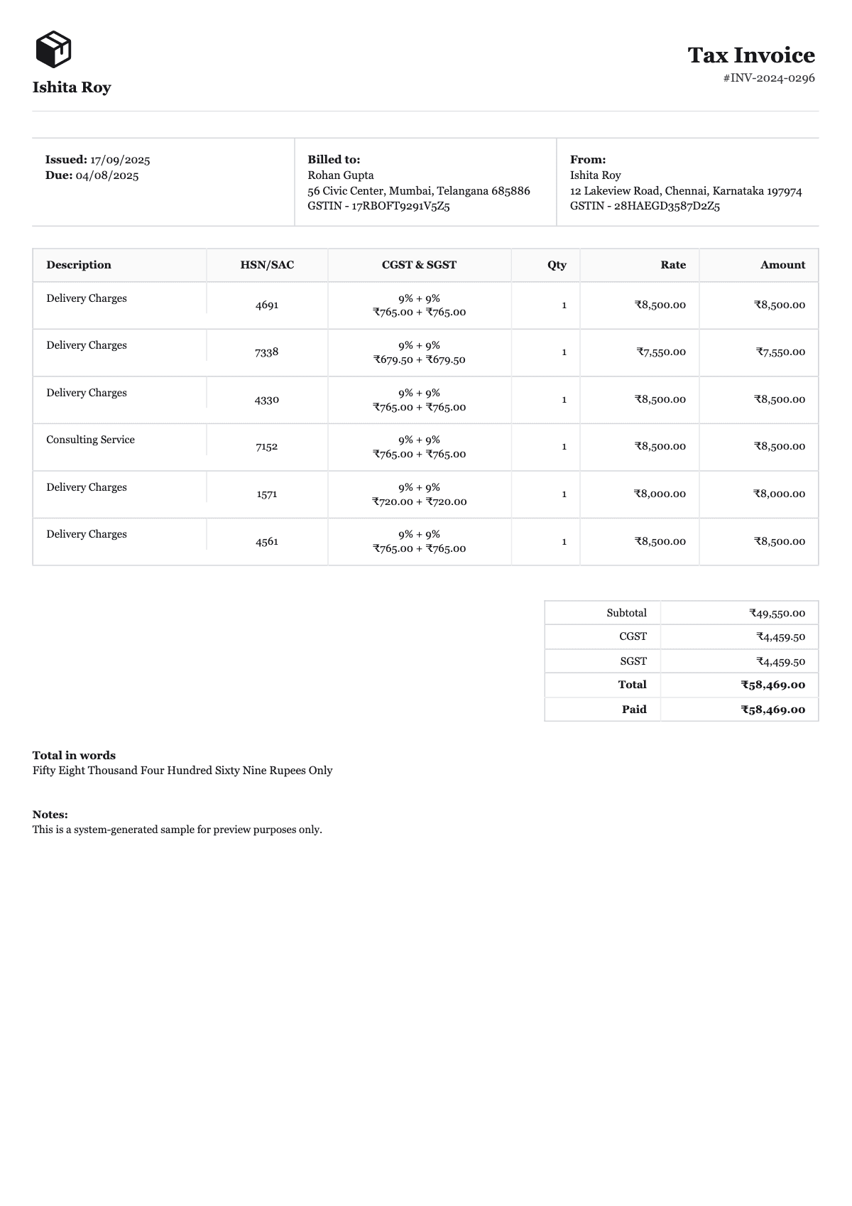 GST Invoice Sample 1 - Invoice Generator sample