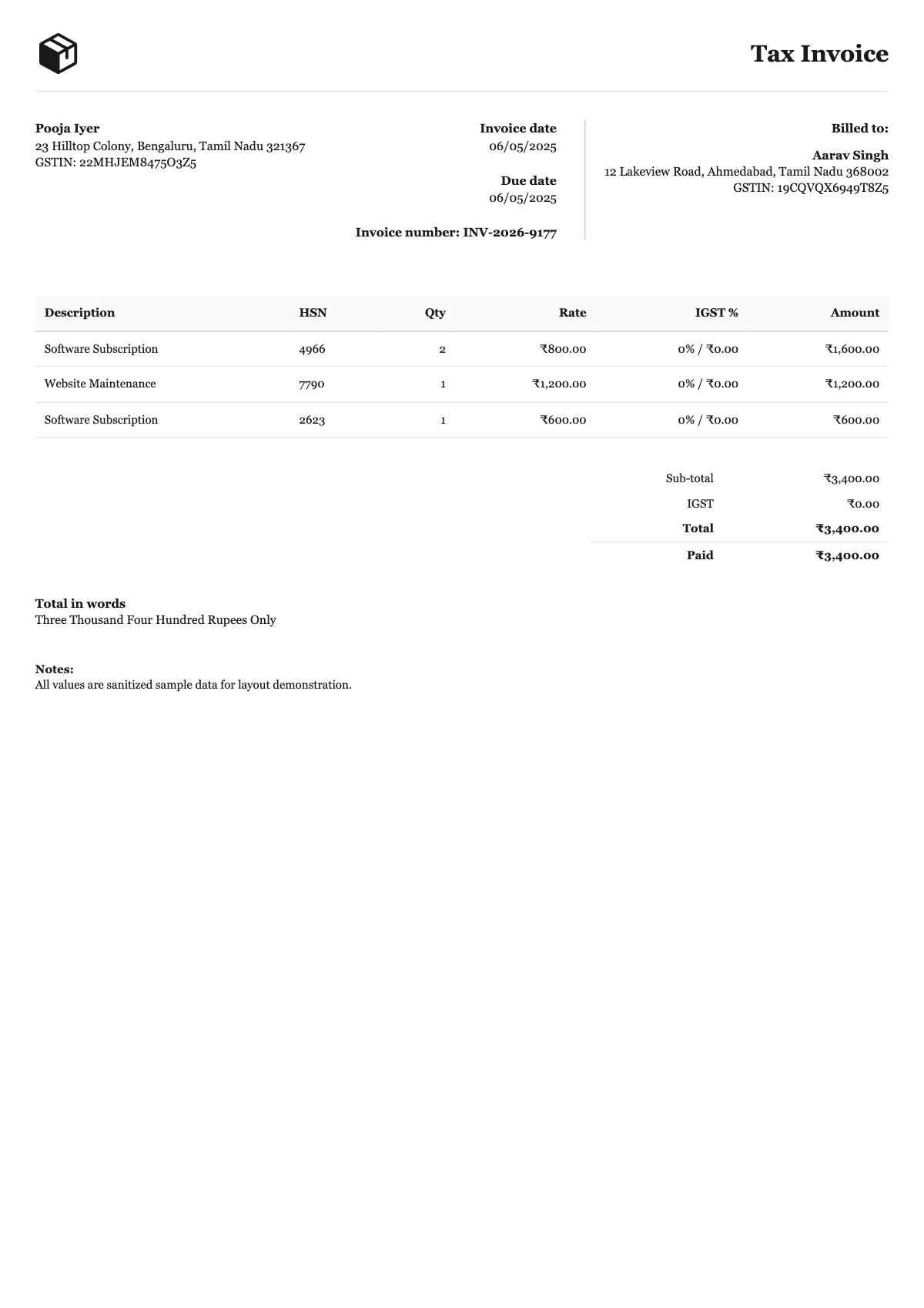 GST Invoice Sample 1 - Invoice Generator sample