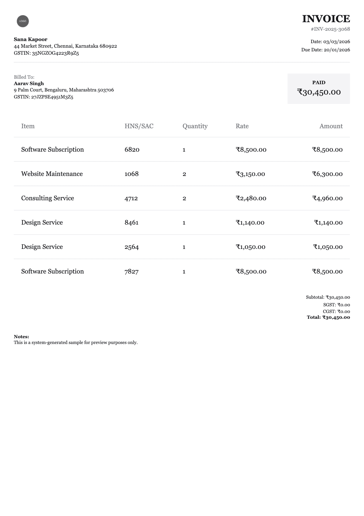 GST Invoice Sample 1 - Invoice Generator sample