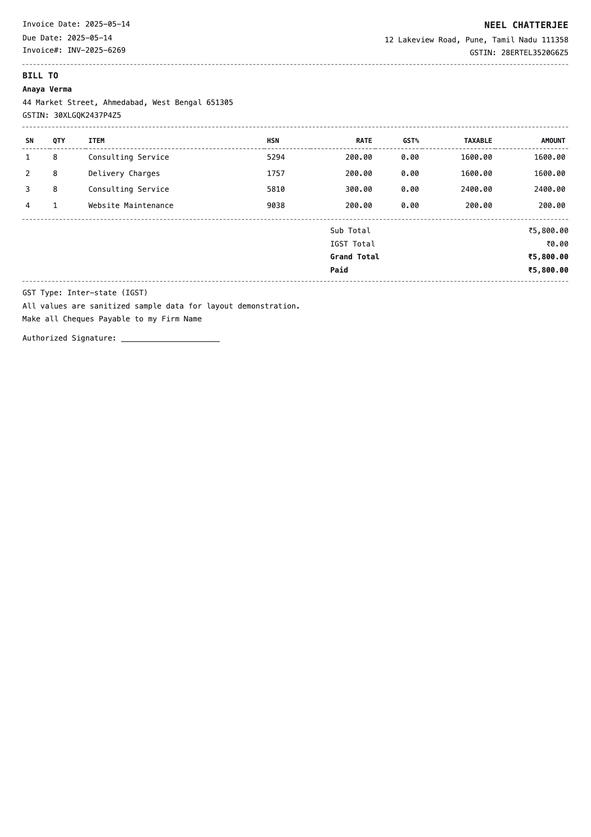 GST Invoice Sample 1 - Invoice Generator sample