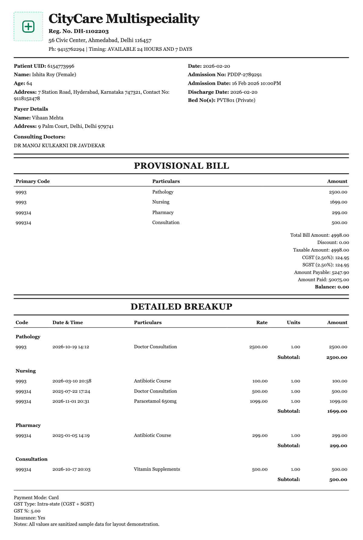 Medical Hospital Bill Sample 1 - Medical Bill Generator sample