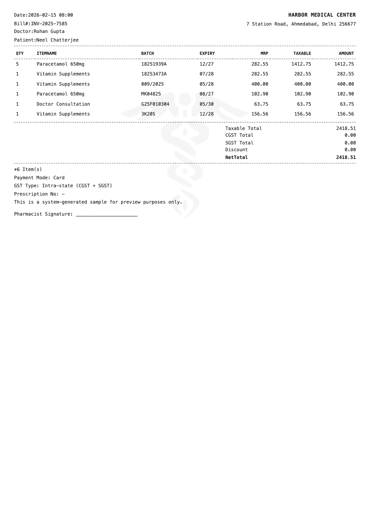 Medical Pharmacy Bill Sample 1 - Medical Bill Generator sample