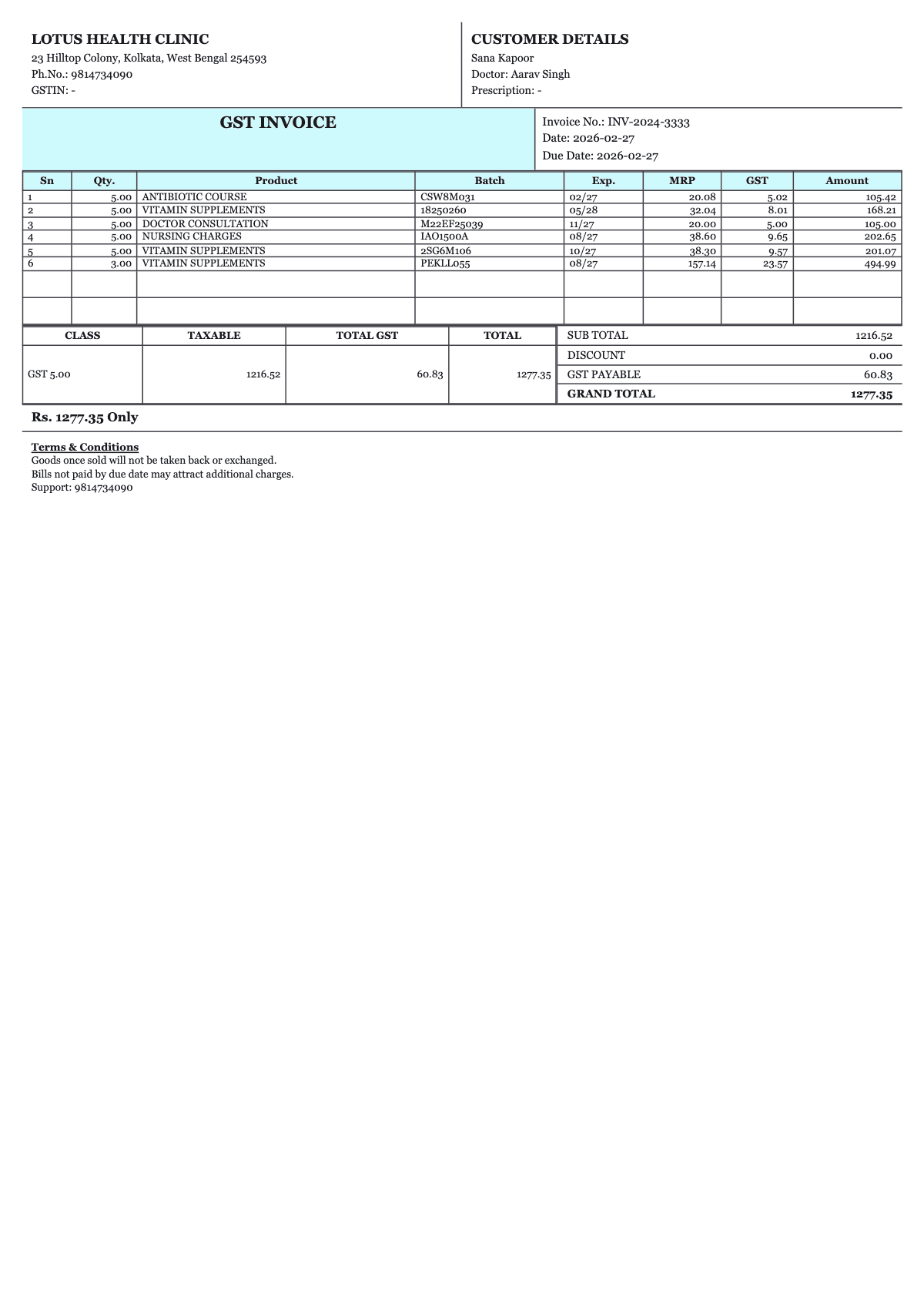 Medical Pharmacy Bill Sample 1 - Medical Bill Generator sample