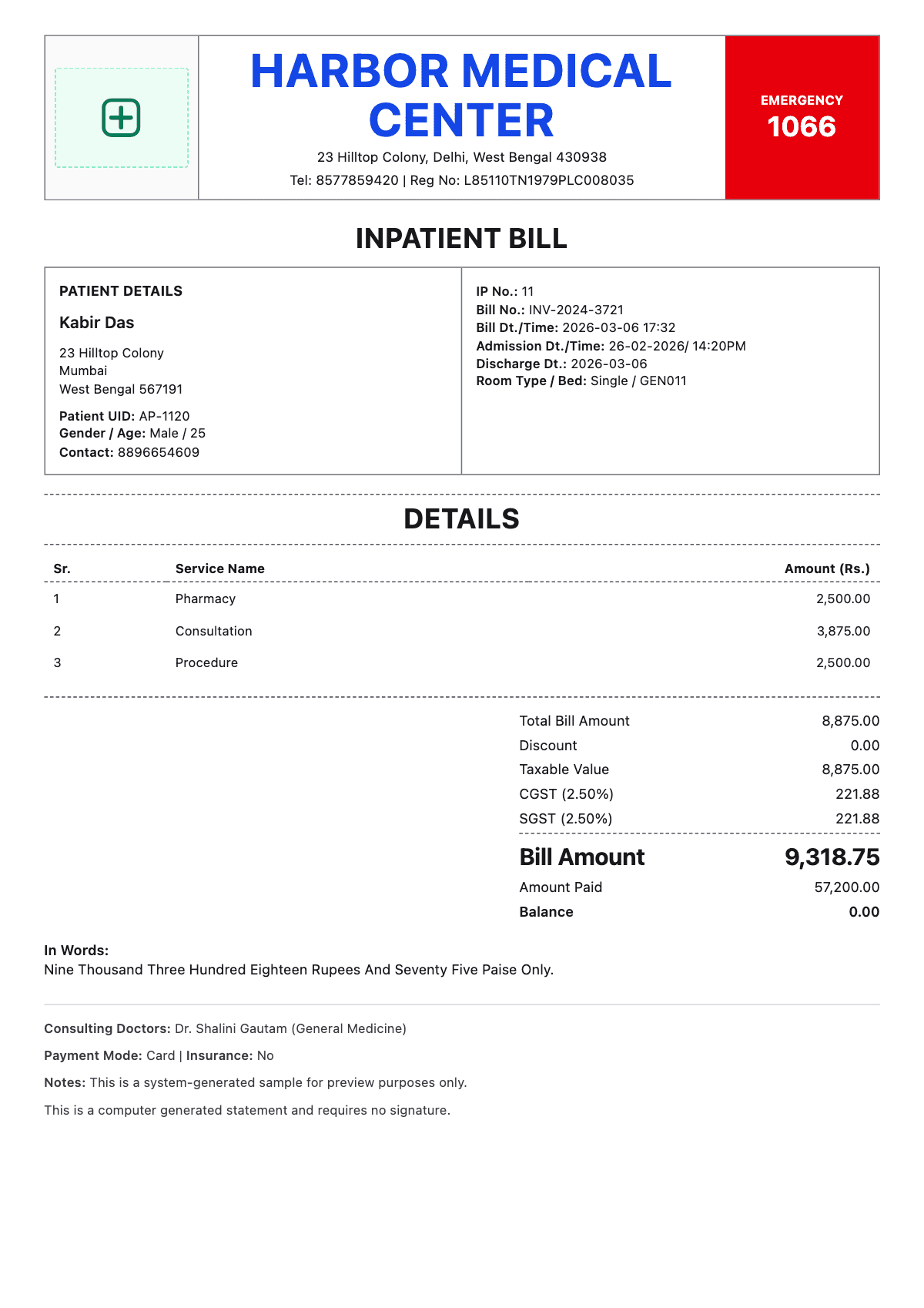 Medical Hospital Bill Sample 1 - Medical Bill Generator sample