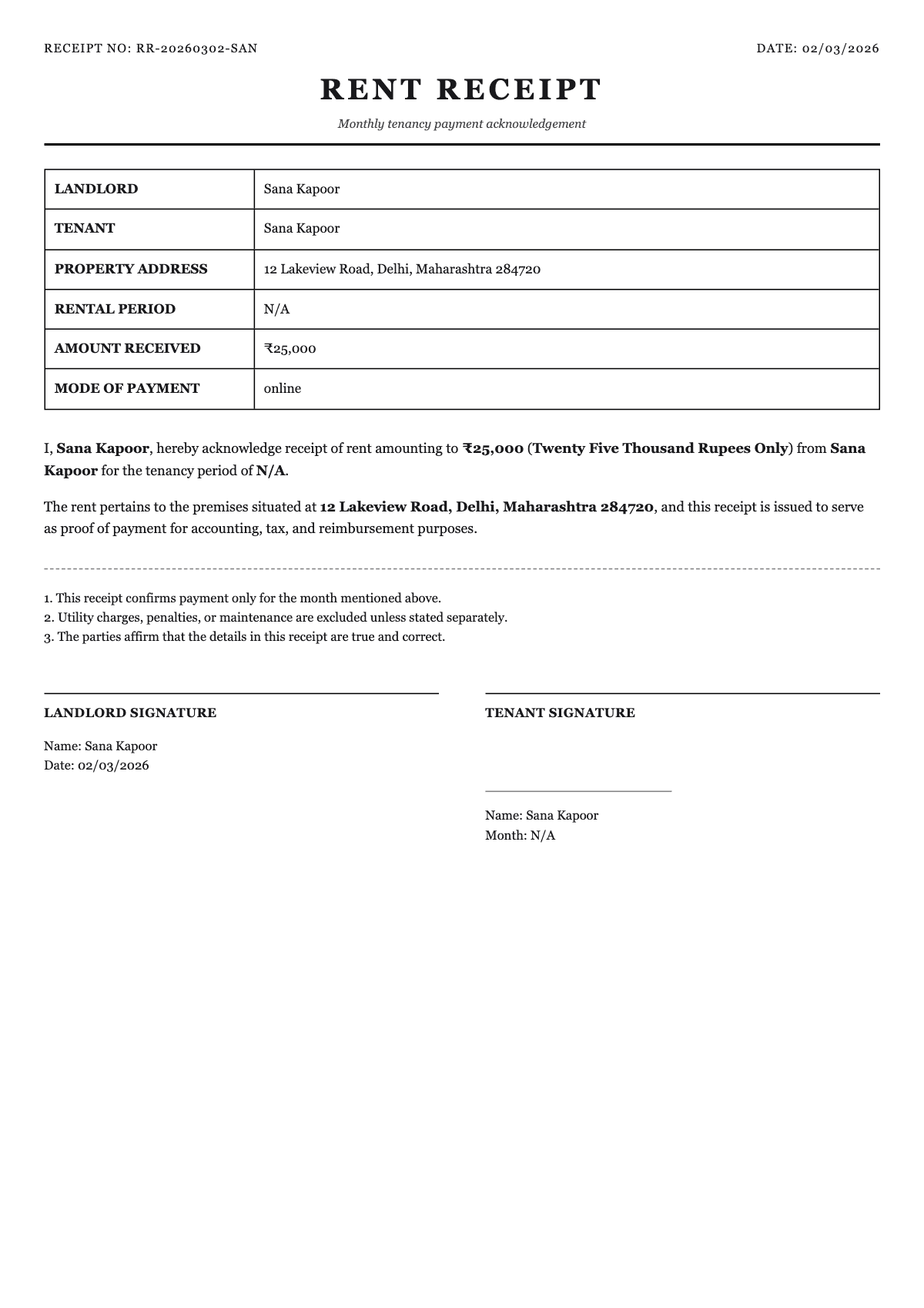 Rent Receipt Sample 1 - Rent Receipt Generator sample