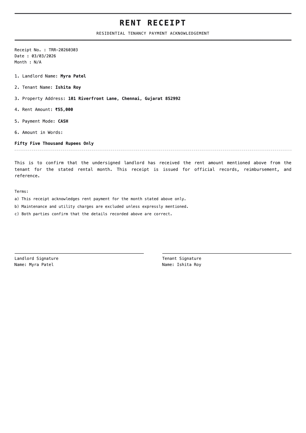 Rent Receipt Sample 1 - Rent Receipt Generator sample