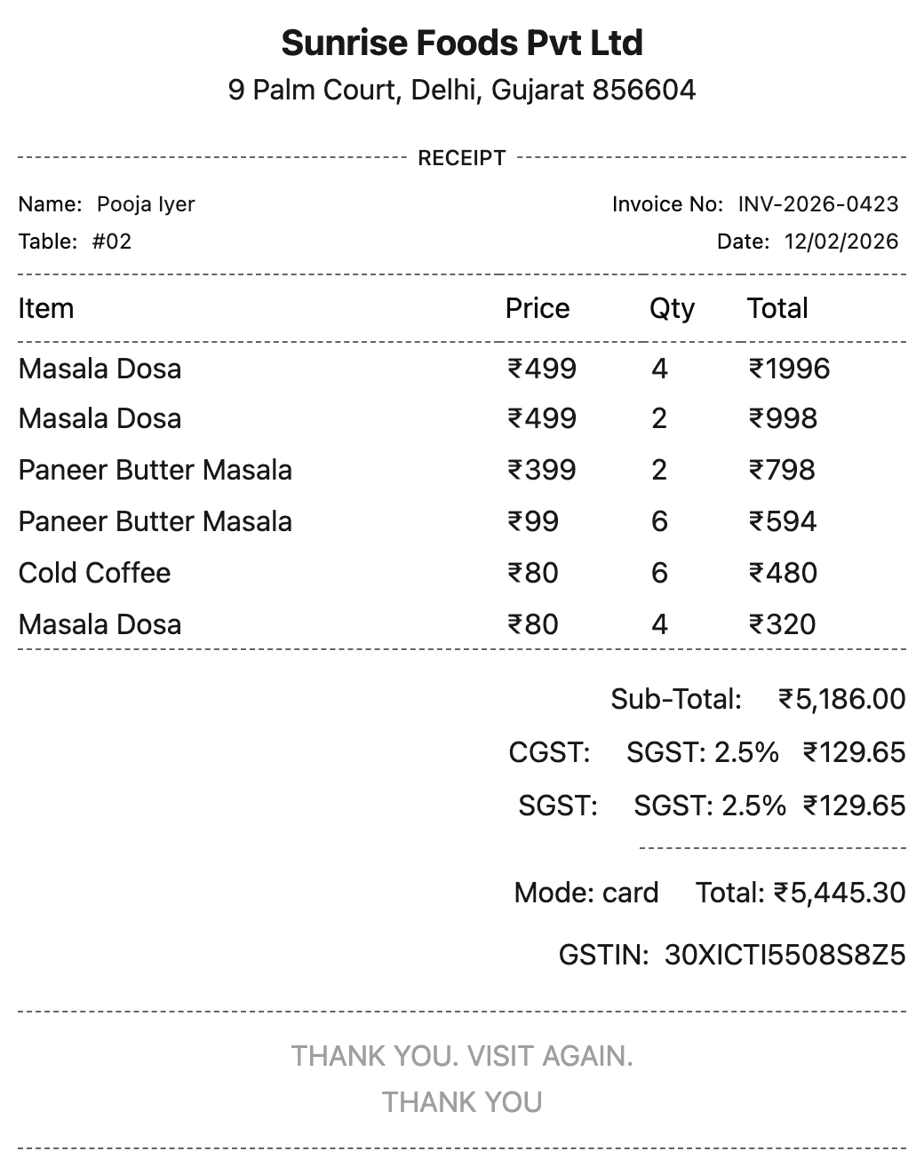 Restaurant Bill Sample 1 - Restaurant Bill Generator sample