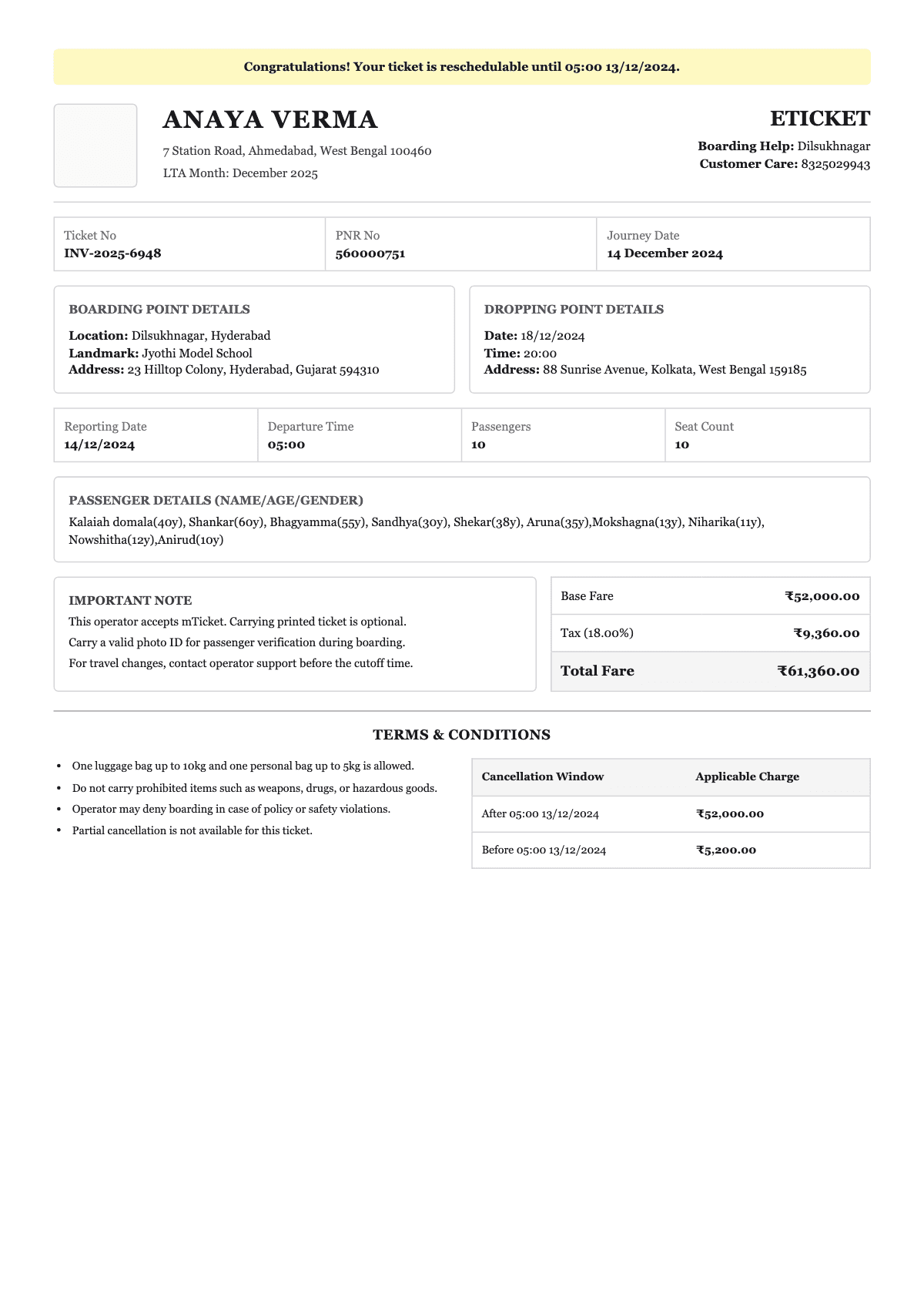 LTA Receipt Sample 1 - Travel Bill Generator sample