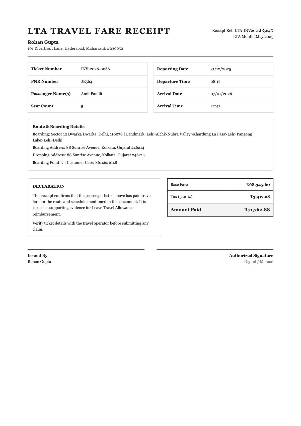 LTA Receipt Sample 1 - Travel Bill Generator sample
