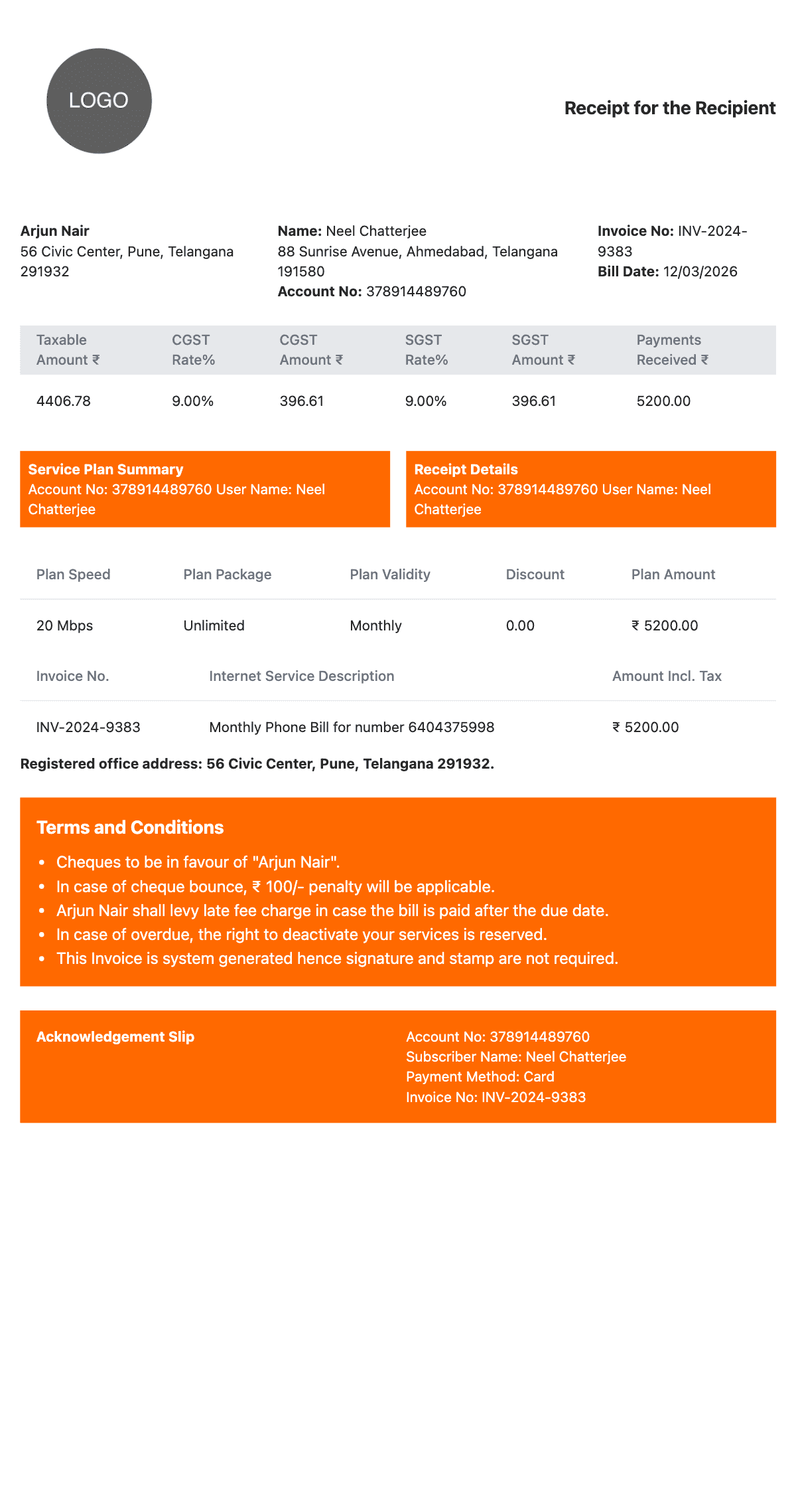 Wifi Invoice Sample 1 - Internet Bill Generator sample