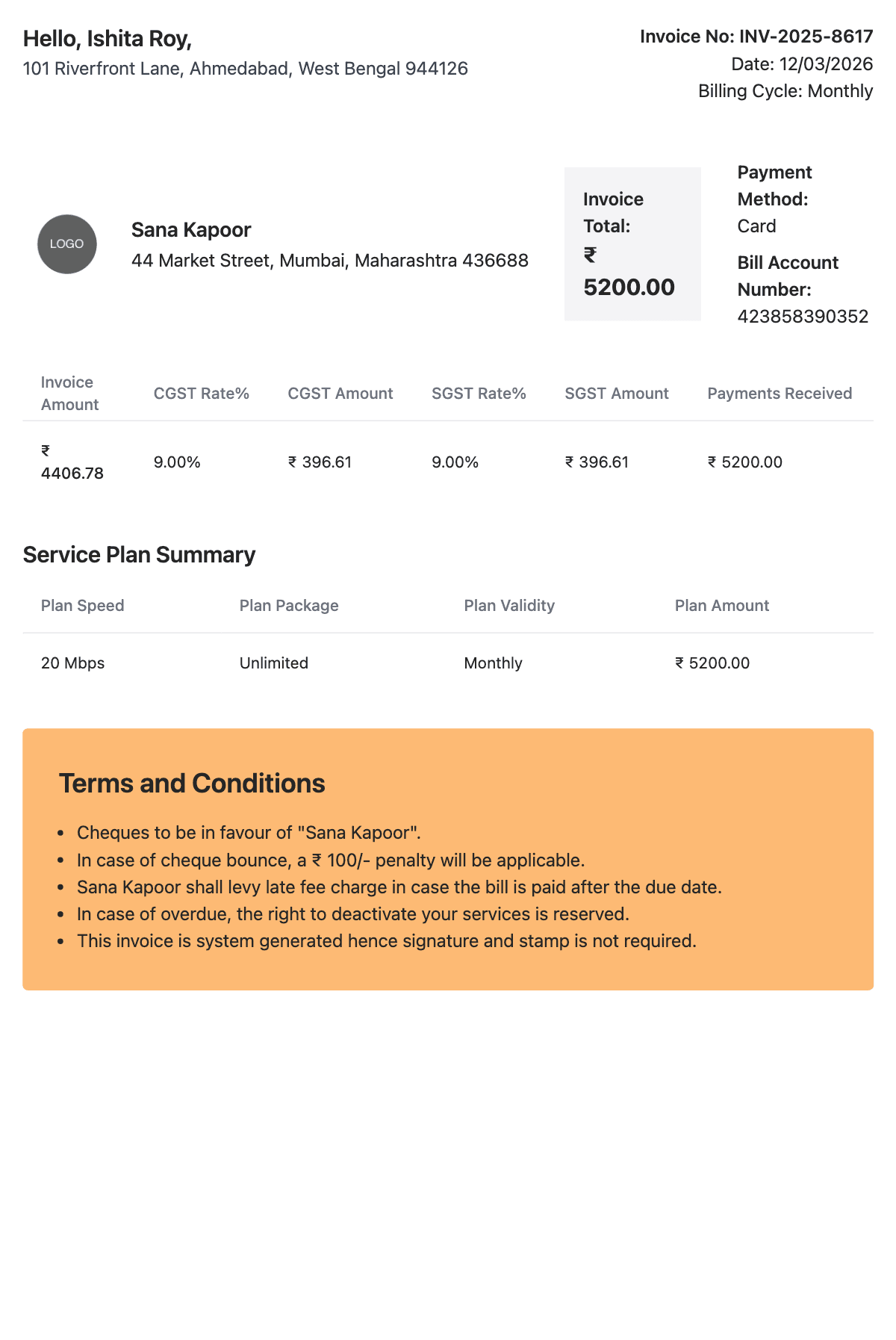 Wifi Invoice Sample 1 - Internet Bill Generator sample