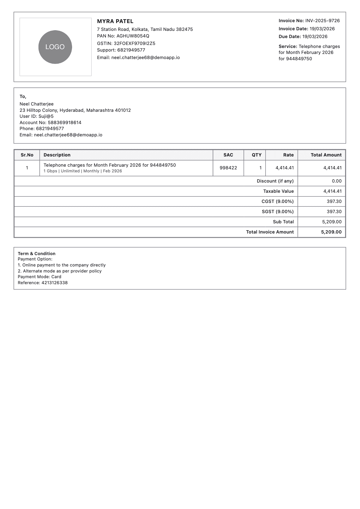 Wifi Invoice Sample 1 - Internet Bill Generator sample