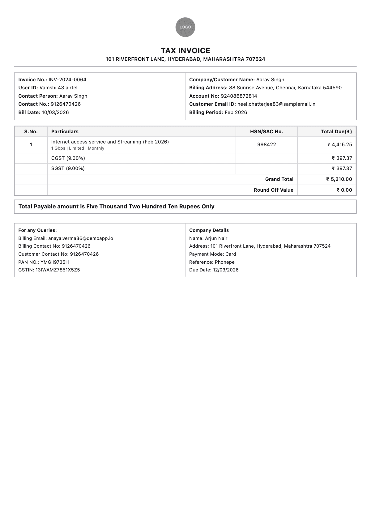 Wifi Invoice Sample 1 - Internet Bill Generator sample